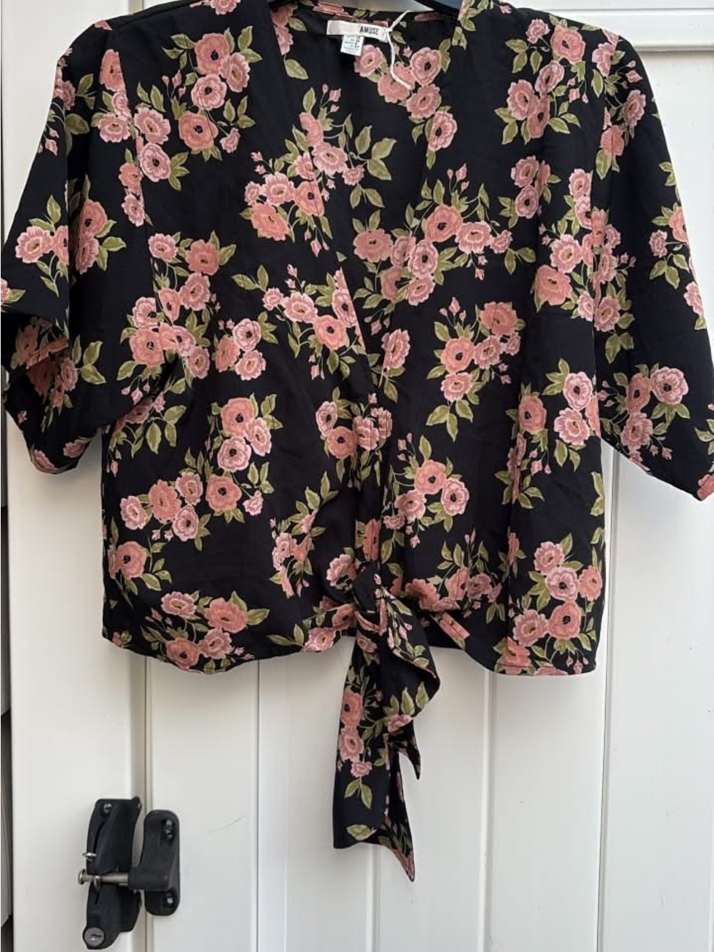 Amuse Society Black Floral Tie-Front Blouse with Pink Roses